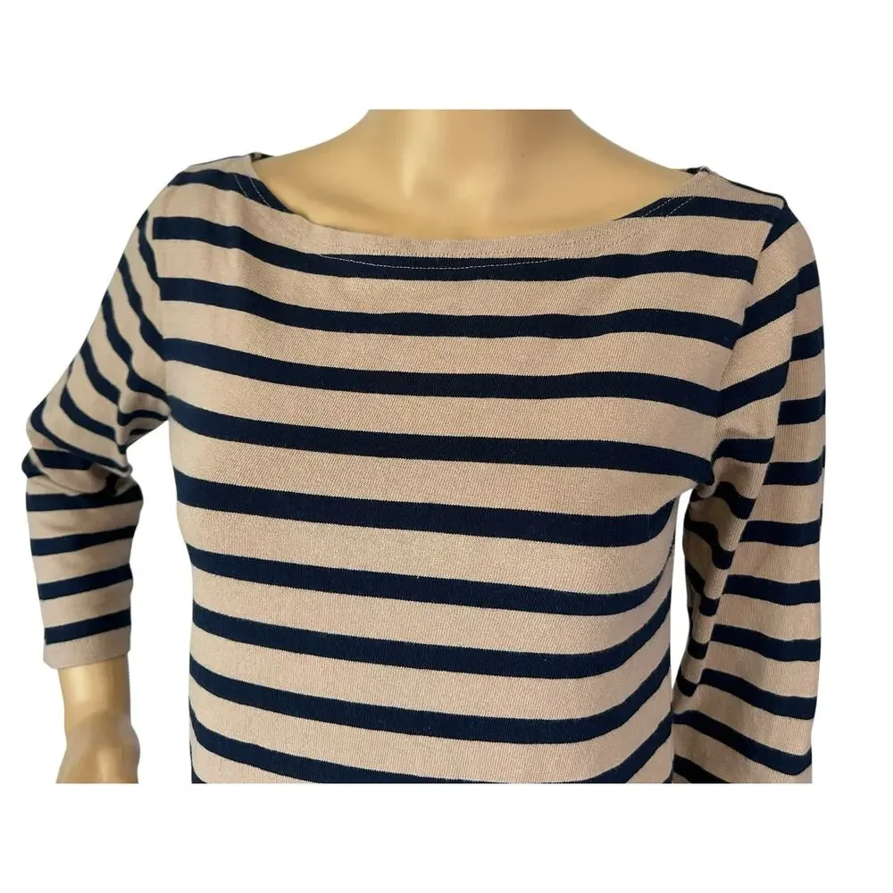 J. Crew Classic Mariner Cloth Boatneck T-Shirt in Stripe Tan H6778 Size XXS